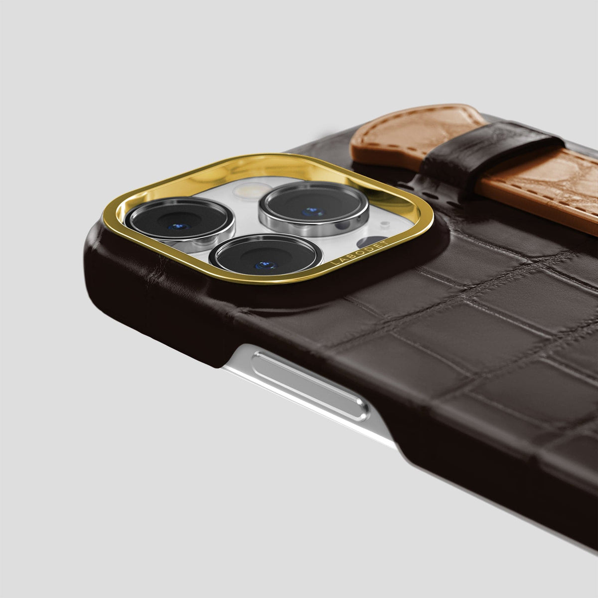 Dark-Brown-Honey iPhone 15 Pro Strap Case Alligator with Gold Metal -5 | Dark-Brown-Honey-Gold
