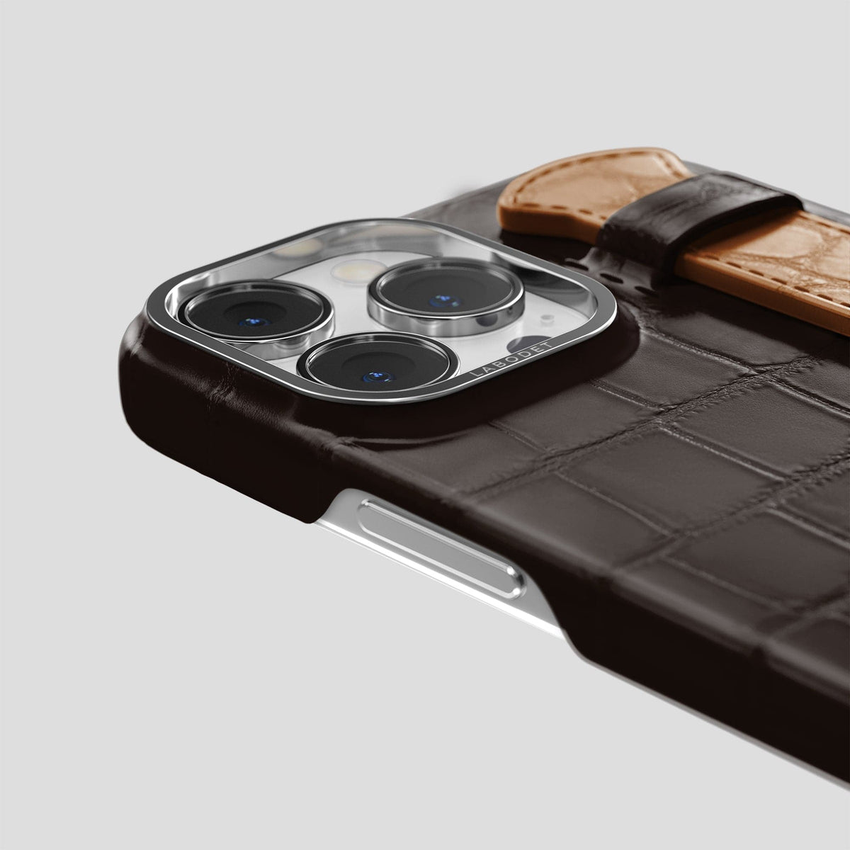 Dark-Brown-Honey iPhone 14 Pro Strap Case Alligator with Steel Metal -5 | Dark-Brown-Honey-Steel