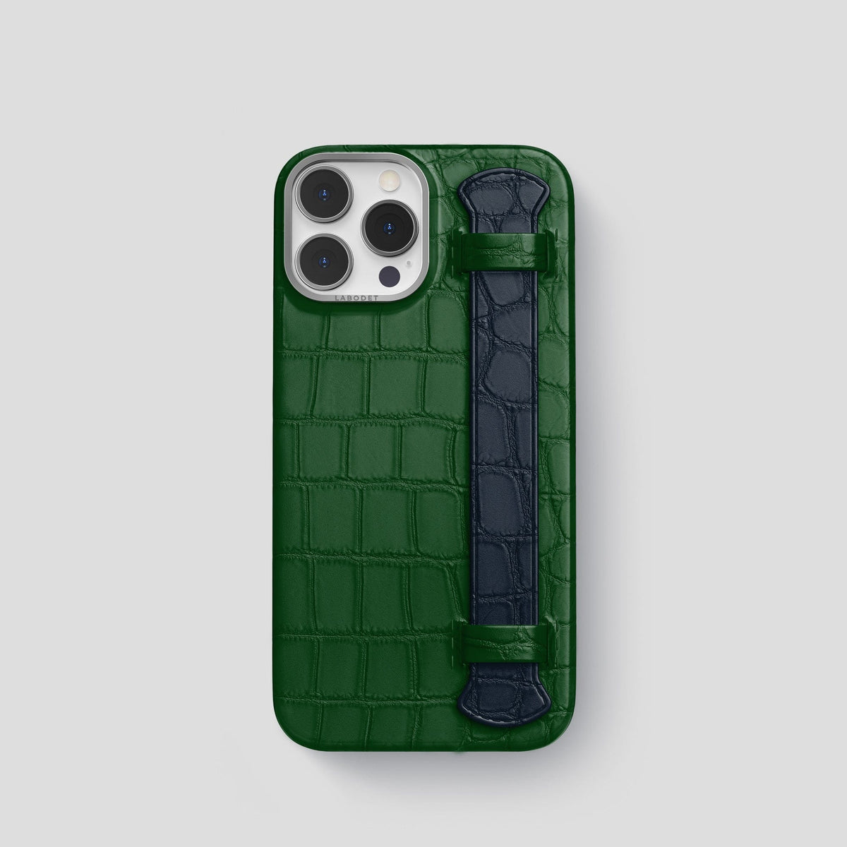 Forest-Green-Navy-Blue iPhone 14 Pro Strap Case Alligator with Steel Metal -1 | Forest-Green-Navy-Blue-Steel
