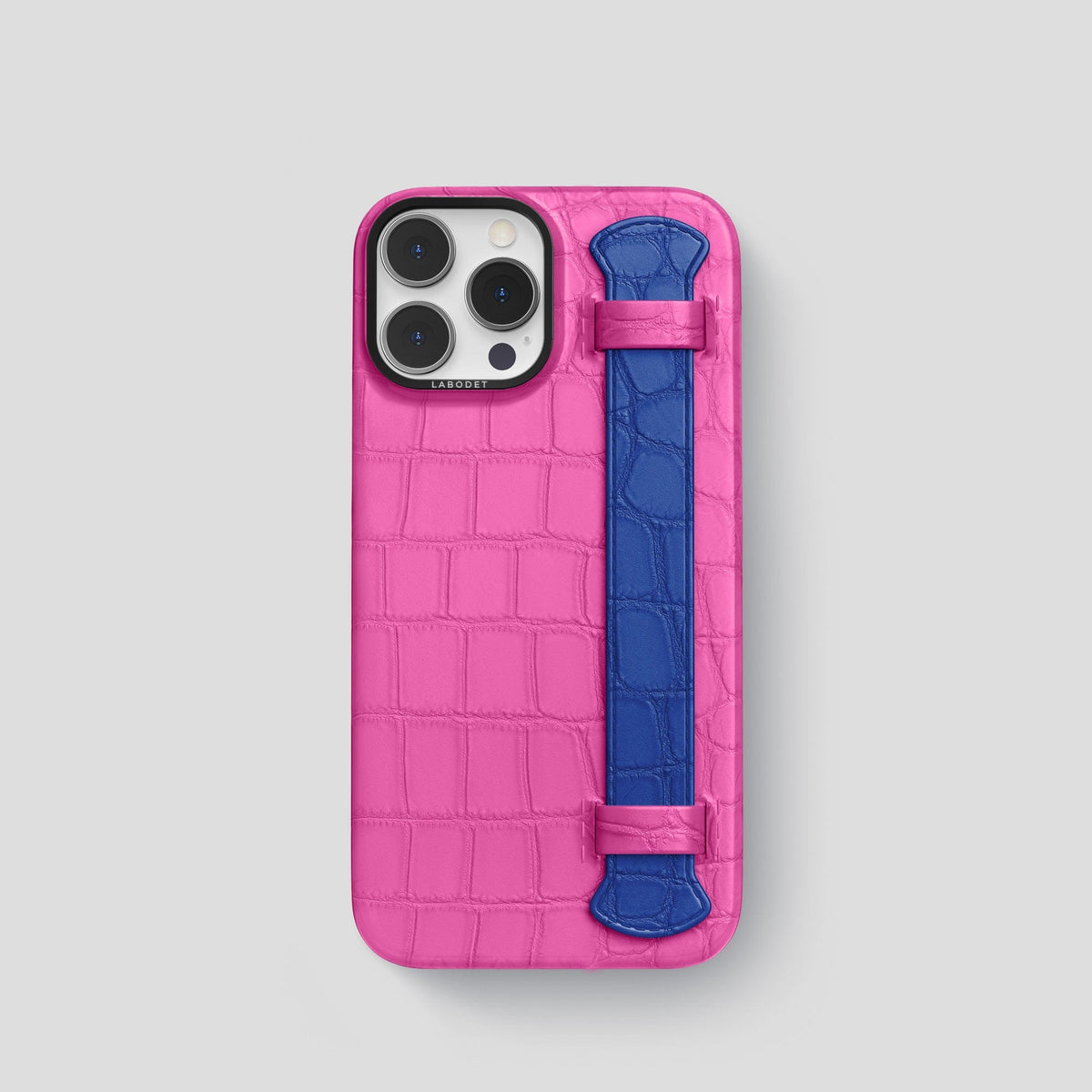 Fuchsia-Royal-Blue iPhone 14 Pro Strap Case Alligator with Black Metal -1 | Fuchsia-Royal-Blue-Black