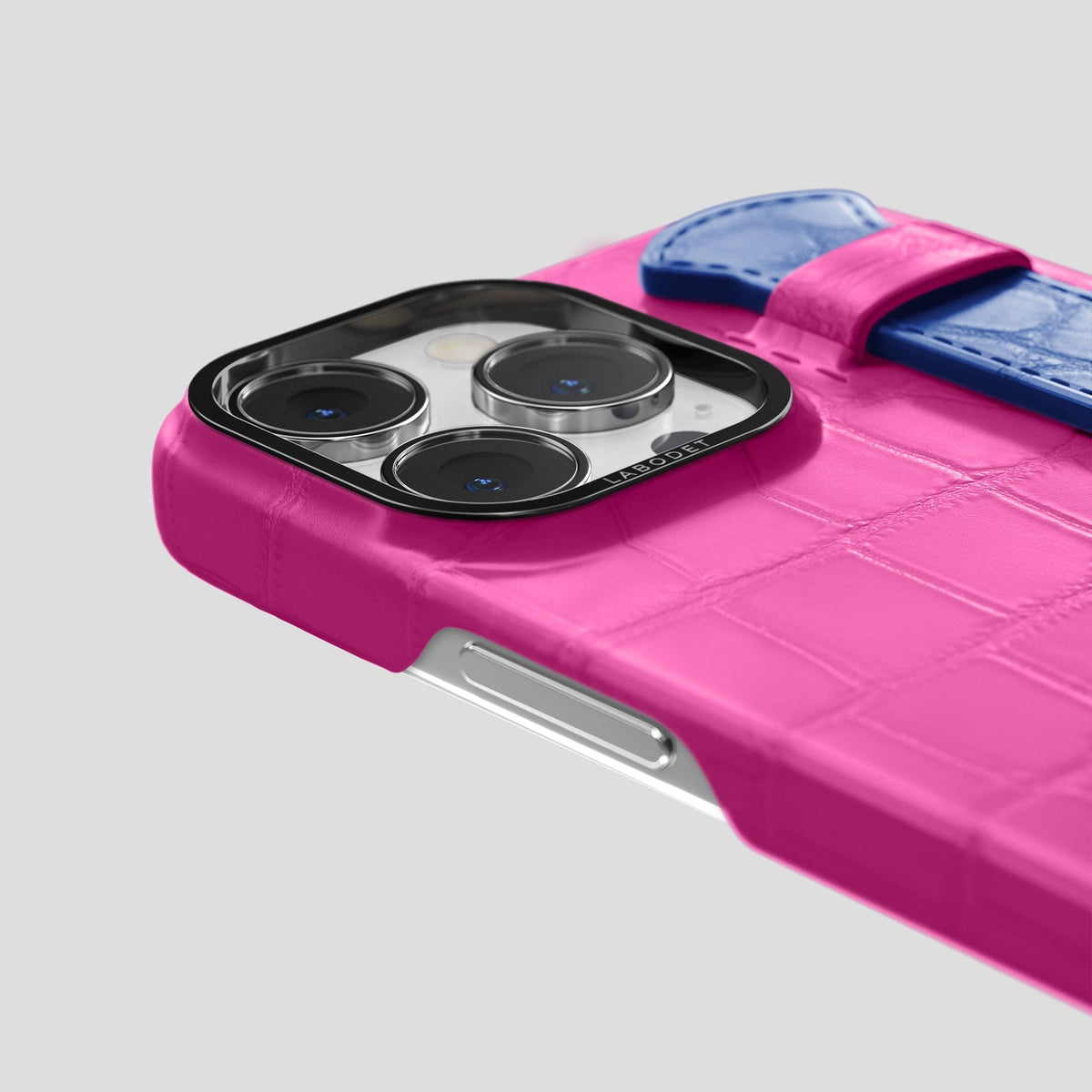 Fuchsia-Royal-Blue iPhone 14 Pro Strap Case Alligator with Black Metal -5 | Fuchsia-Royal-Blue-Black