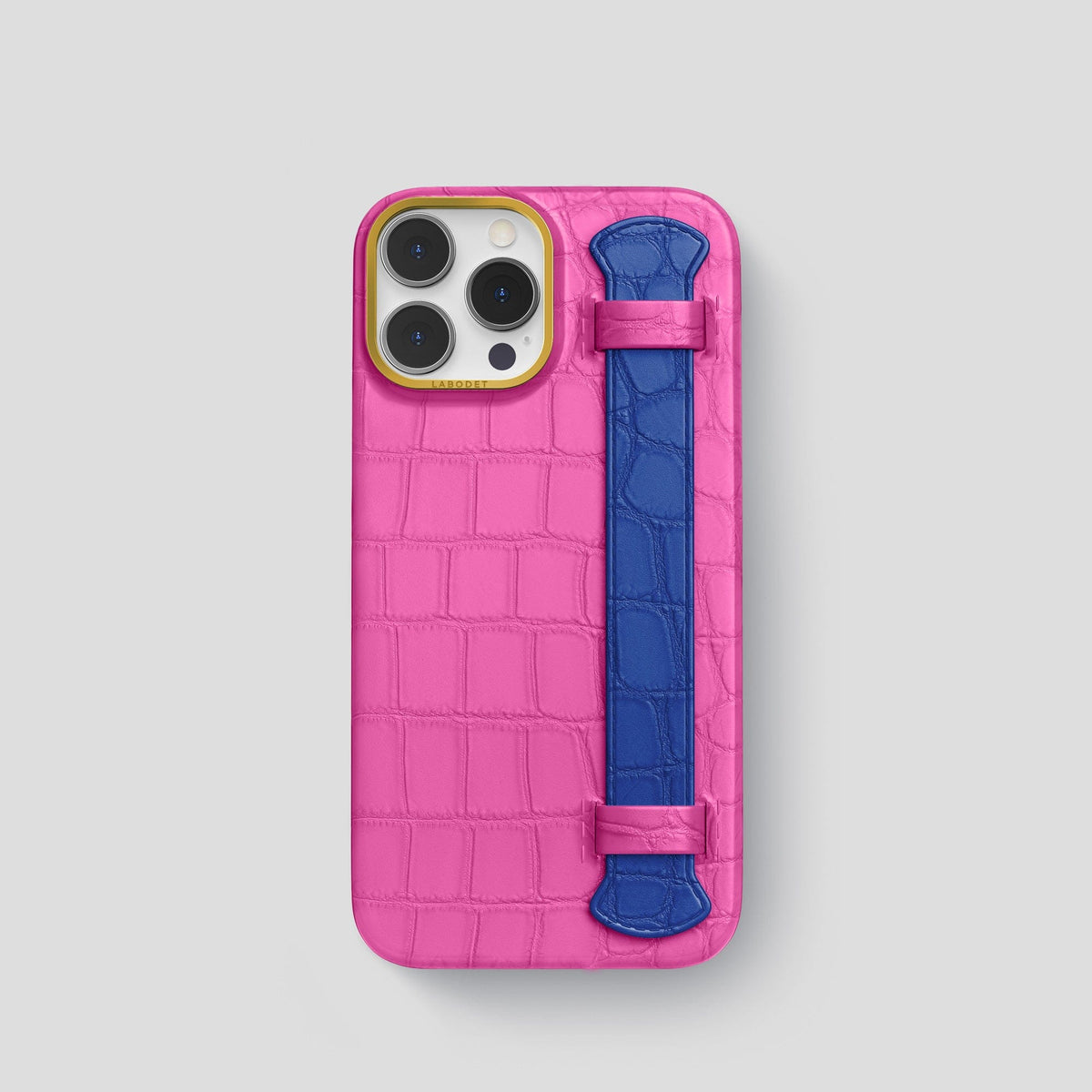 Fuchsia-Royal-Blue iPhone 14 Pro Strap Case Alligator with Gold Metal -1 | Fuchsia-Royal-Blue-Gold