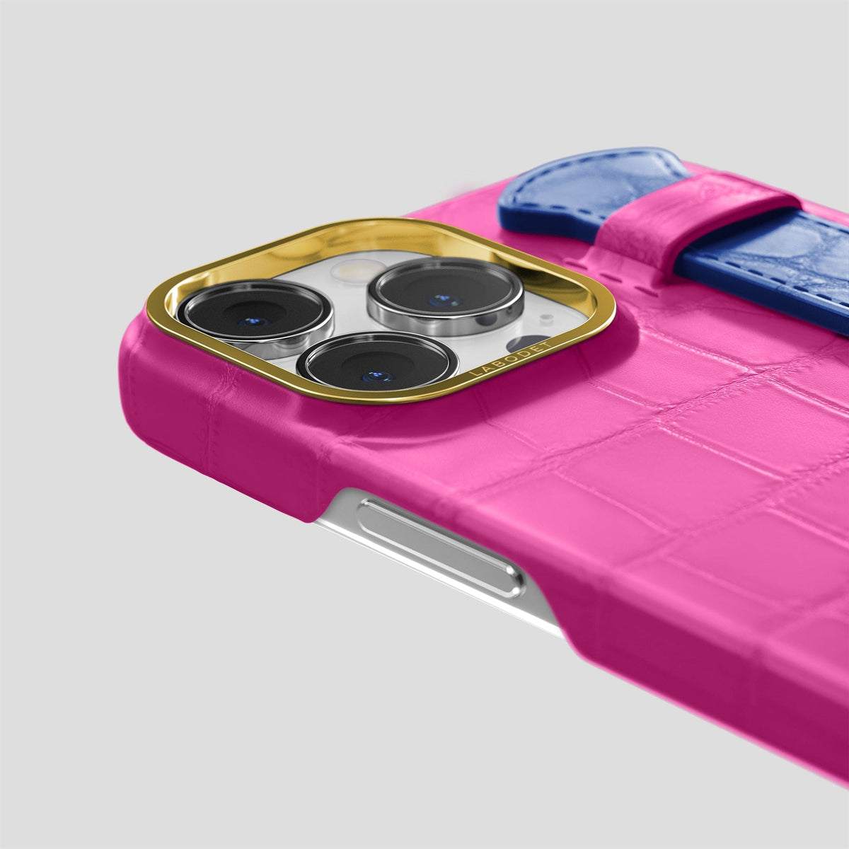 Fuchsia-Royal-Blue iPhone 14 Pro Strap Case Alligator with Gold Metal -5 | Fuchsia-Royal-Blue-Gold