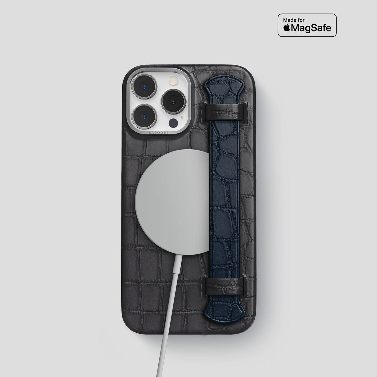 Grey-Navy-Blue iPhone 14 Pro Strap Case Alligator with Steel Metal -4 | Grey-Navy-Blue-Steel