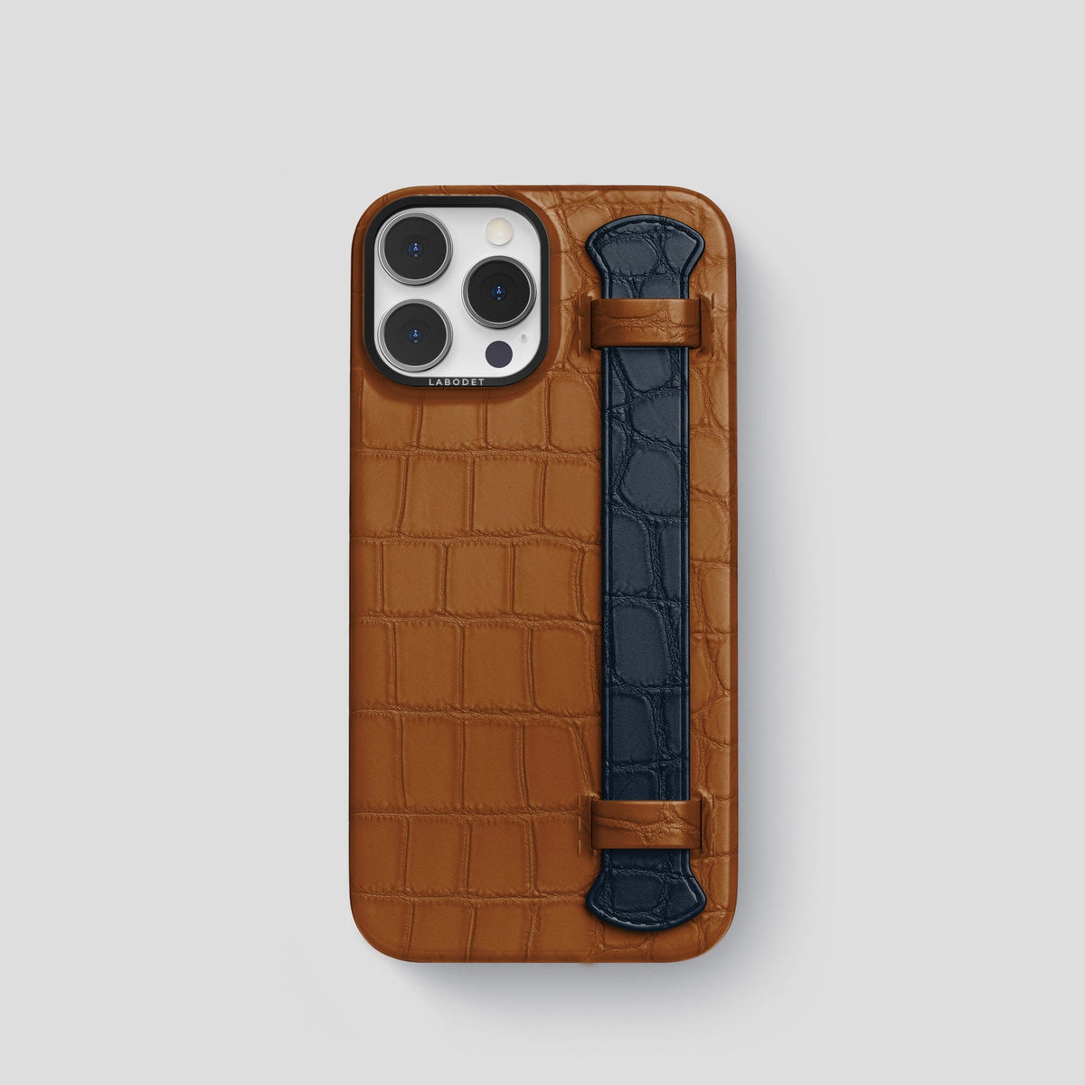 Honey-Navy-Blue iPhone 14 Pro Strap Case Alligator with Black Metal -1 | Honey-Navy-Blue-Black