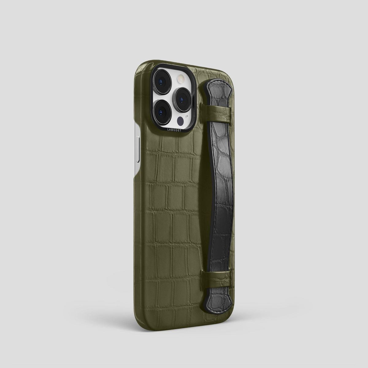 Kaki-Green-Grey iPhone 14 Pro Strap Case Alligator with Black Metal -2 | Kaki-Green-Grey-Black
