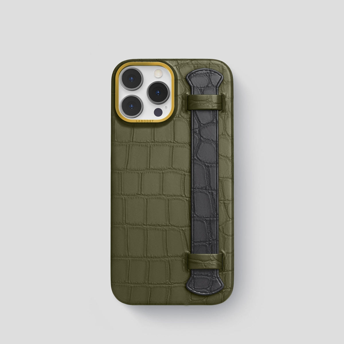 Kaki-Green-Grey iPhone 15 Pro Strap Case Alligator with Gold Metal -1 | Kaki-Green-Grey-Gold