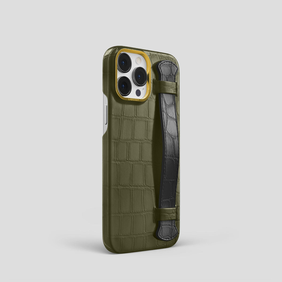 Kaki-Green-Grey iPhone 15 Pro Strap Case Alligator with Gold Metal -2 | Kaki-Green-Grey-Gold