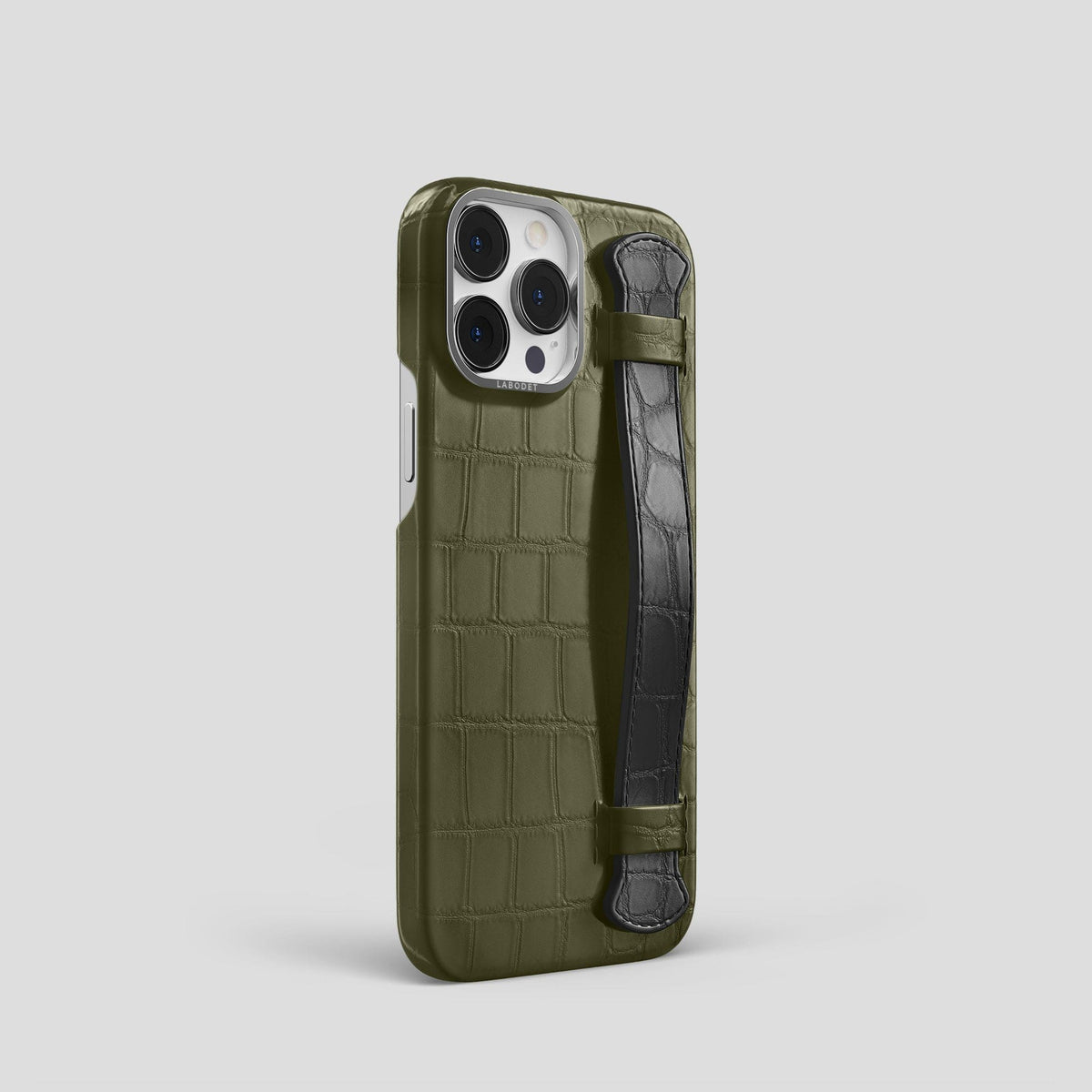 Kaki-Green-Grey iPhone 14 Pro Strap Case Alligator with Steel Metal -2 | Kaki-Green-Grey-Steel