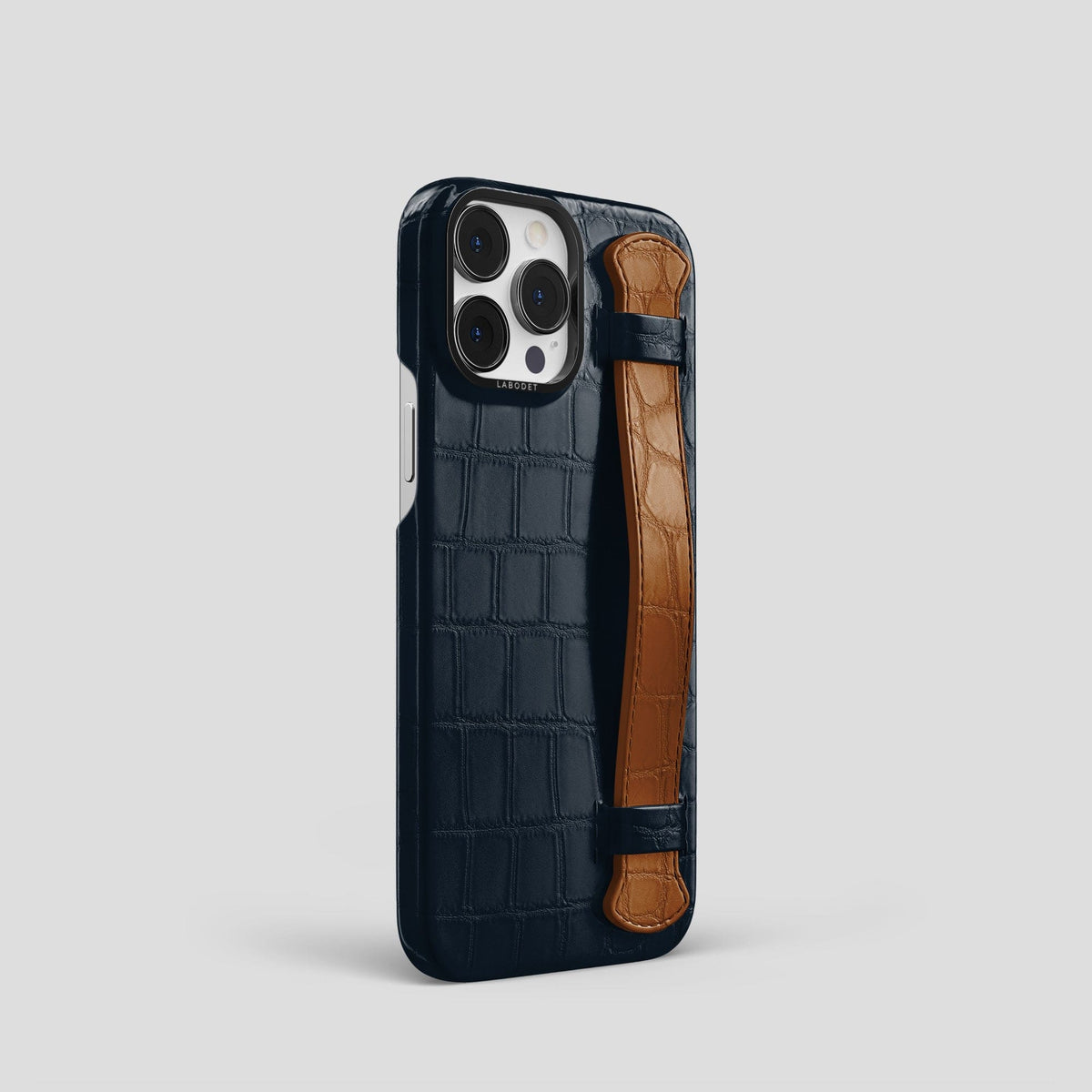 Navy-Blue-Honey iPhone 15 Pro Strap Case Alligator with Black Metal -2 | Navy-Blue-Honey-Black