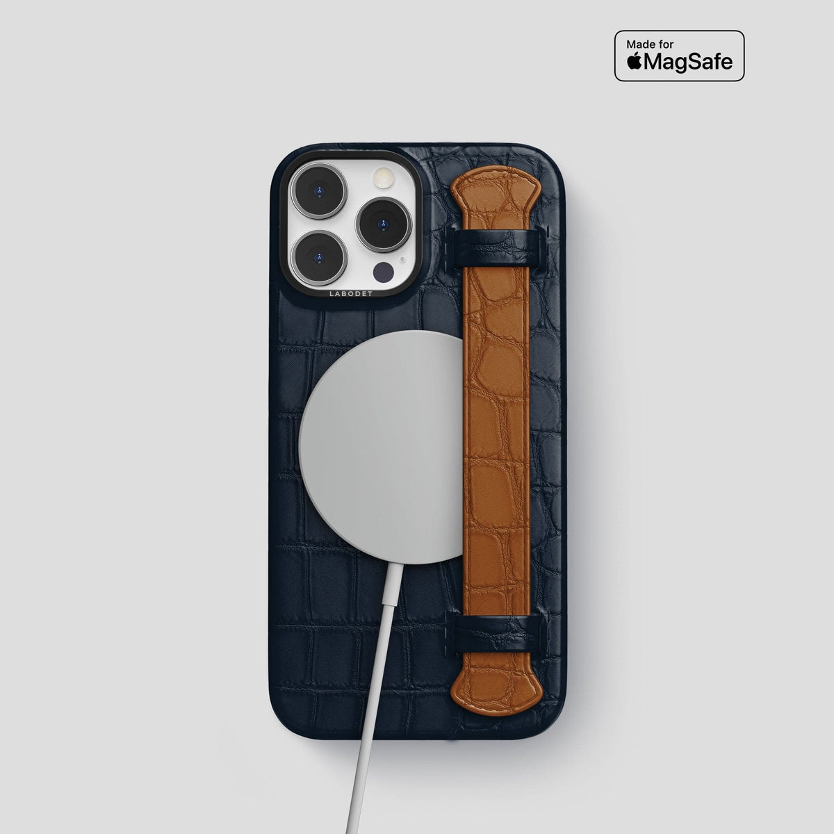 Navy-Blue-Honey iPhone 14 Pro Strap Case Alligator with Black Metal -4 | Navy-Blue-Honey-Black