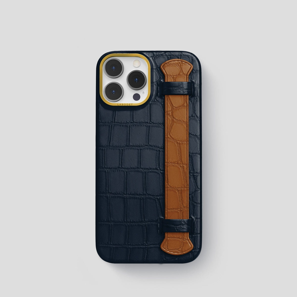 Navy-Blue-Honey iPhone 14 Pro Strap Case Alligator with Gold Metal -1 | Navy-Blue-Honey-Gold