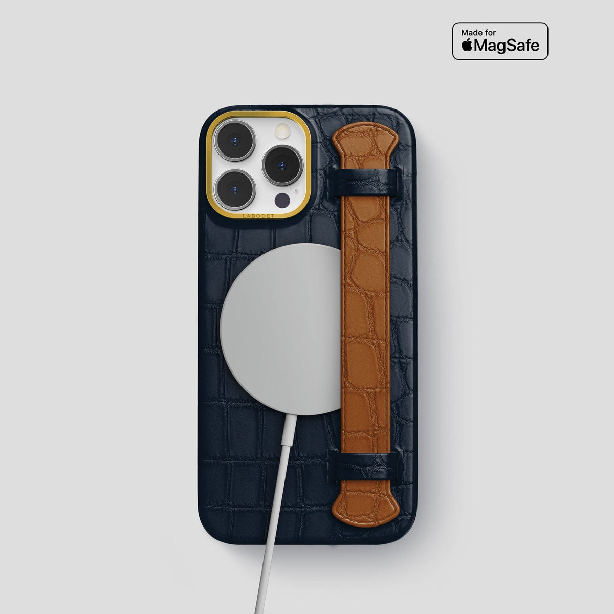 Navy-Blue-Honey iPhone 15 Pro Strap Case Alligator with Gold Metal -4 | Navy-Blue-Honey-Gold