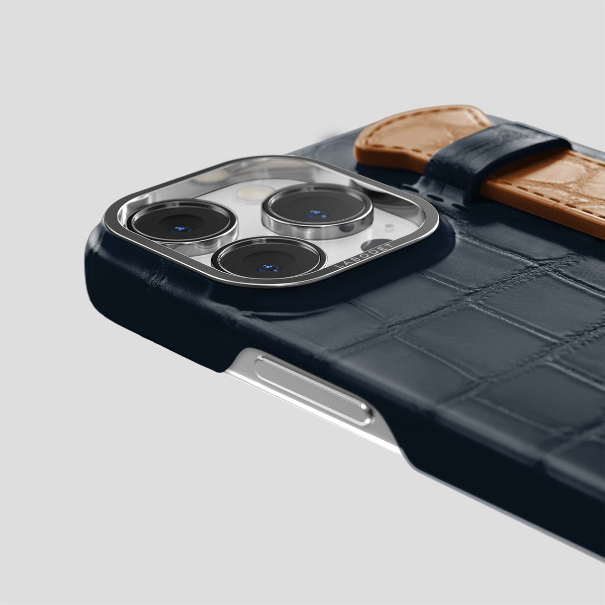 Navy-Blue-Honey iPhone 14 Pro Strap Case Alligator with Steel Metal -5 | Navy-Blue-Honey-Steel