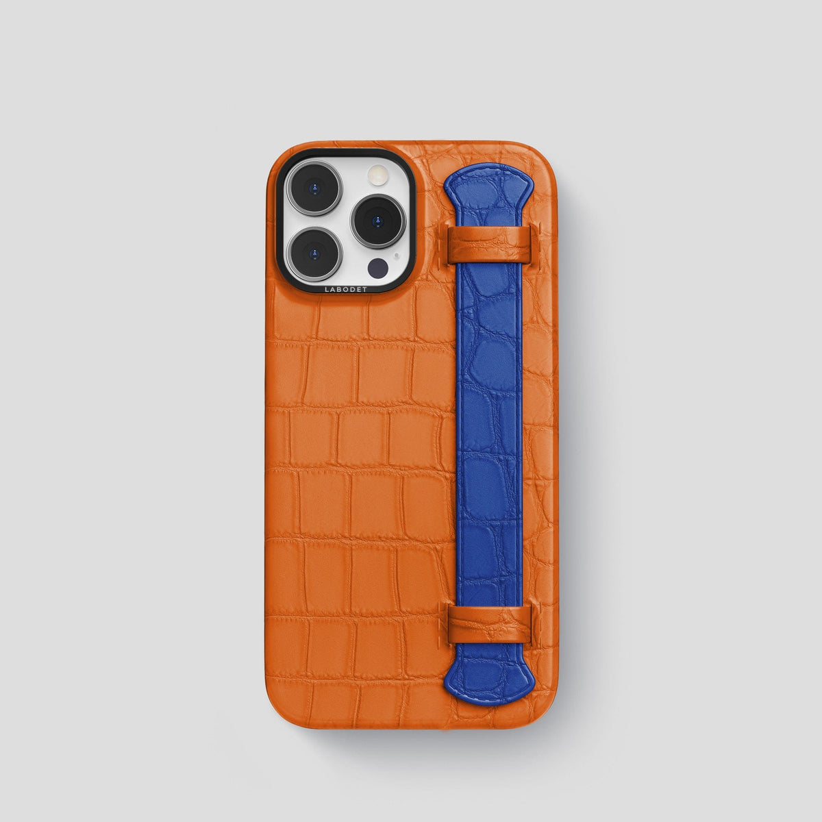 Orange-Royal-Blue iPhone 14 Pro Strap Case Alligator with Black Metal -1 | Orange-Royal-Blue-Black