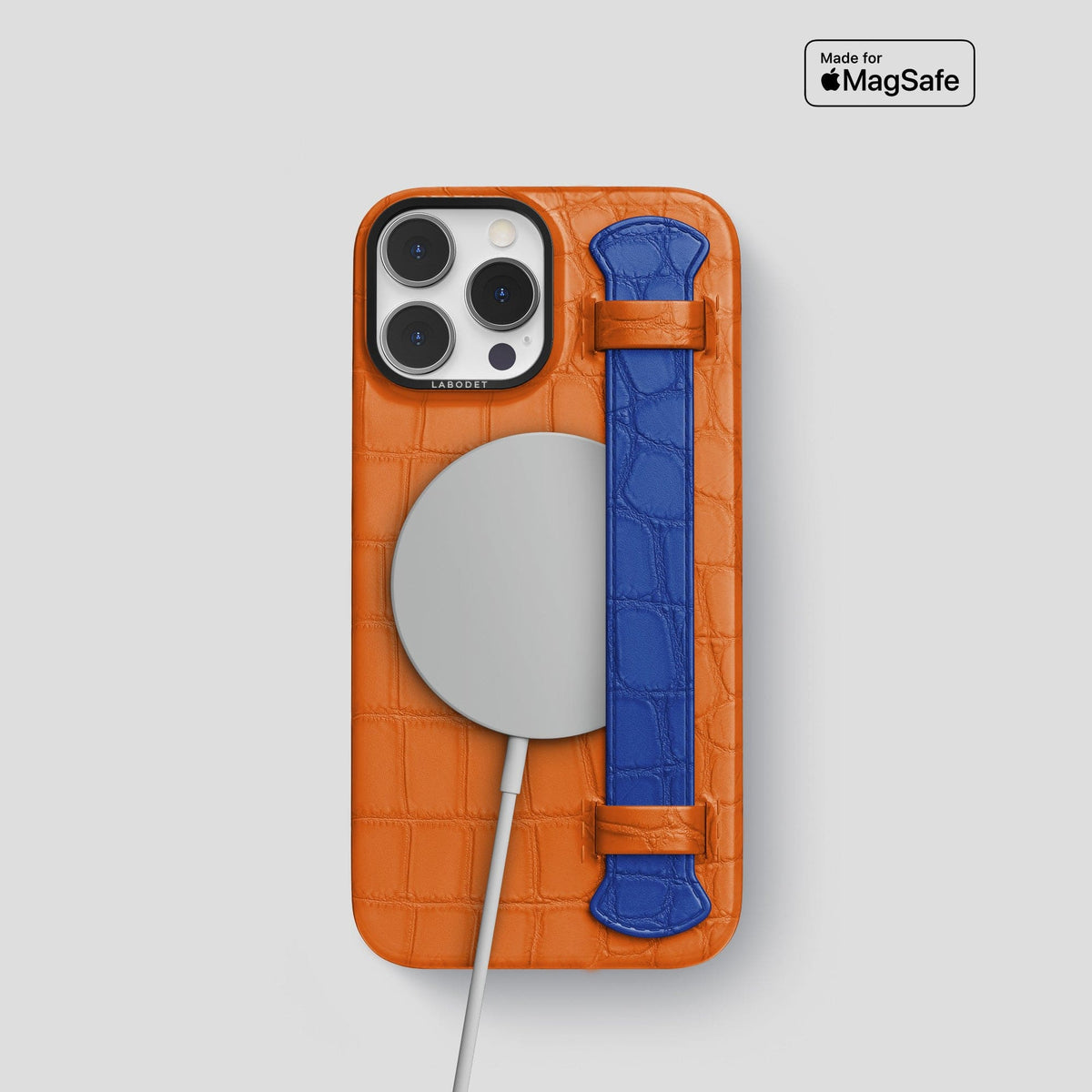 Orange-Royal-Blue iPhone 14 Pro Strap Case Alligator with Black Metal -4 | Orange-Royal-Blue-Black