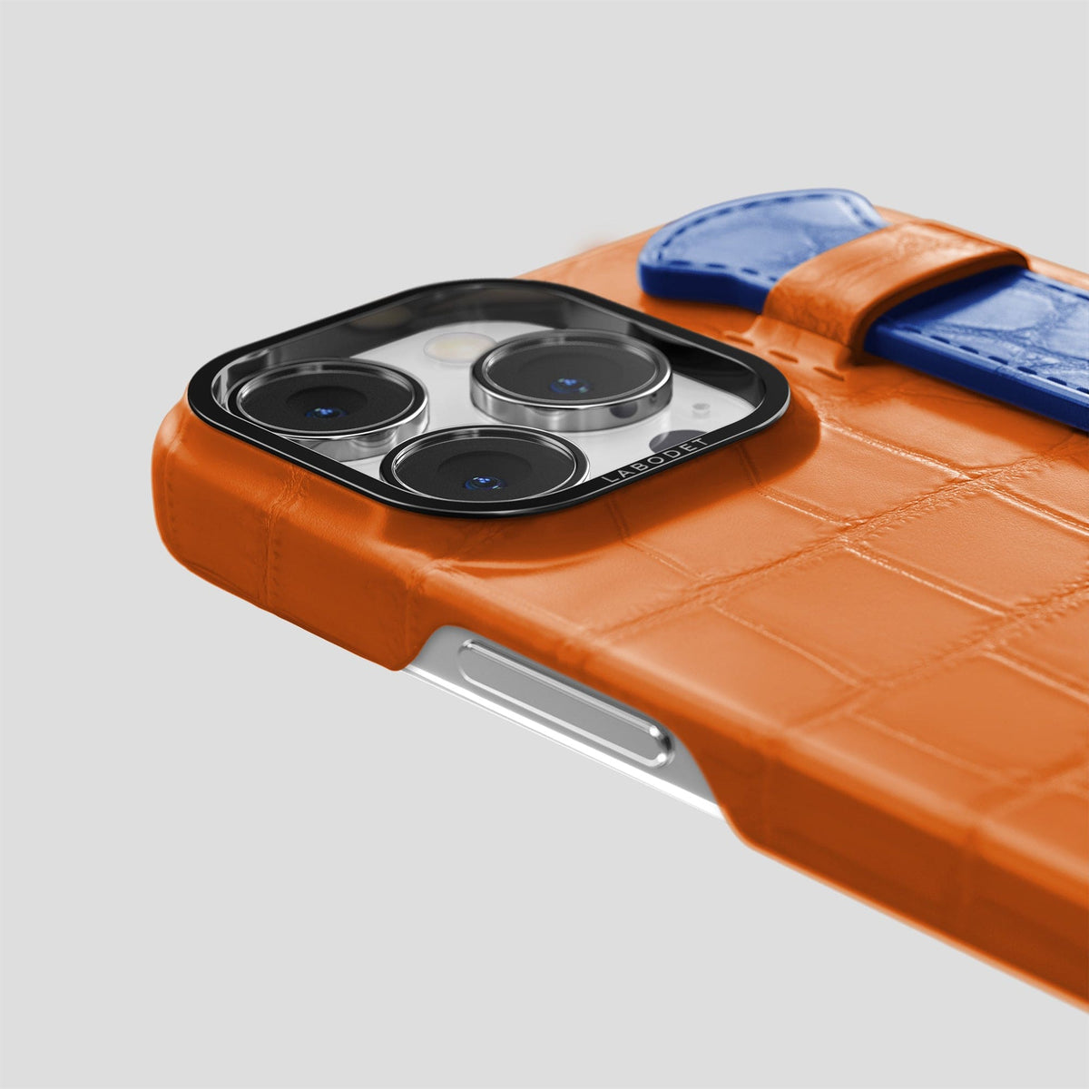 Orange-Royal-Blue iPhone 14 Pro Strap Case Alligator with Black Metal -5 | Orange-Royal-Blue-Black