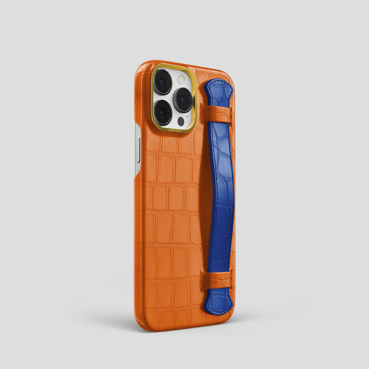 Orange-Royal-Blue iPhone 14 Pro Strap Case Alligator with Gold Metal -2 | Orange-Royal-Blue-Gold