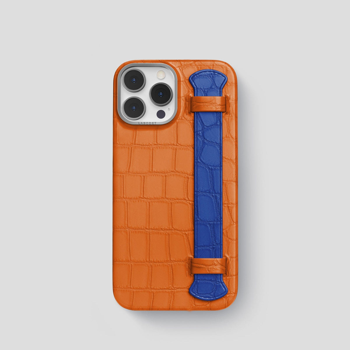 Orange-Royal-Blue iPhone 14 Pro Strap Case Alligator with Steel Metal -1 | Orange-Royal-Blue-Steel