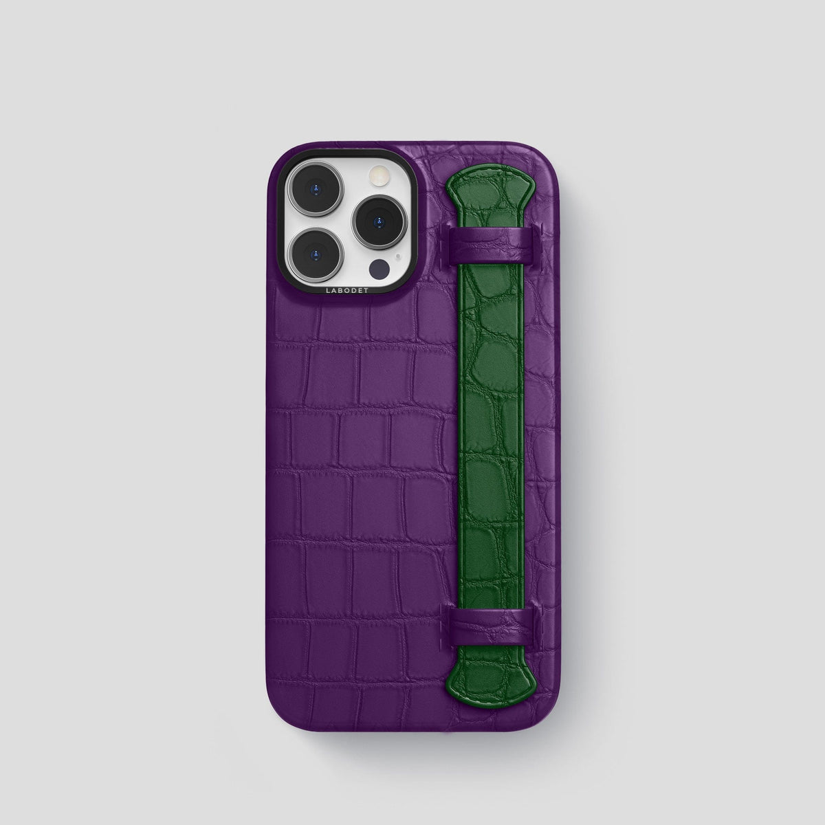 Purple-Forest-Green iPhone 14 Pro Strap Case Alligator with Black Metal -1 | Purple-Forest-Green-Black