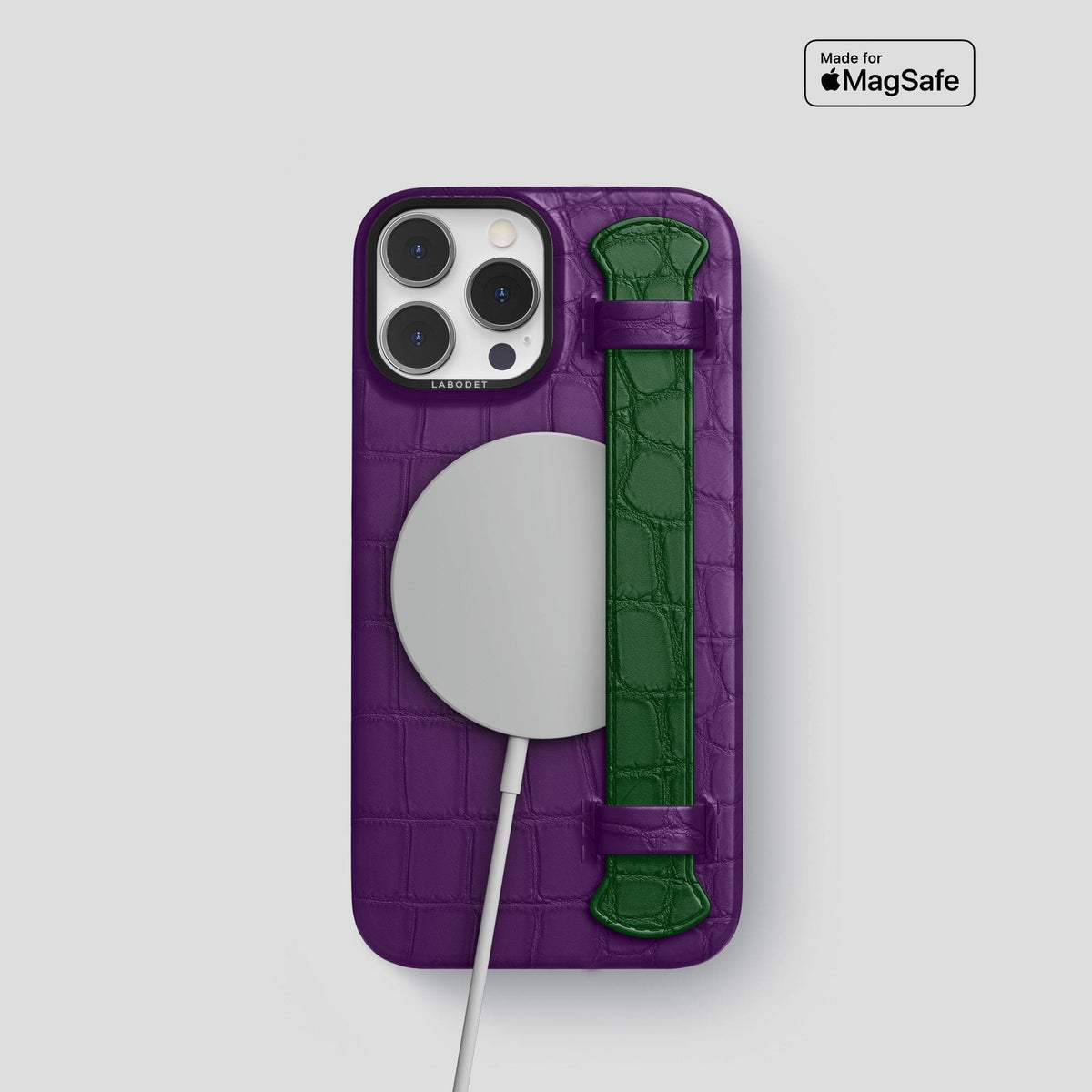 Purple-Forest-Green iPhone 14 Pro Strap Case Alligator with Black Metal -4 | Purple-Forest-Green-Black