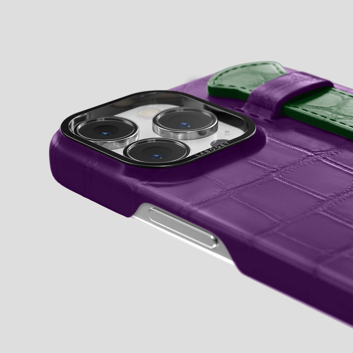 Purple-Forest-Green iPhone 15 Pro Strap Case Alligator with Black Metal -5 | Purple-Forest-Green-Black
