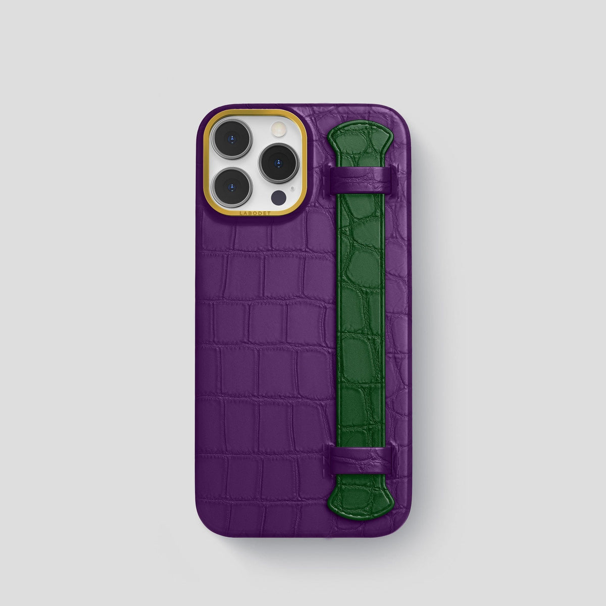 Purple-Forest-Green iPhone 15 Pro Strap Case Alligator with Gold Metal -1 | Purple-Forest-Green-Gold