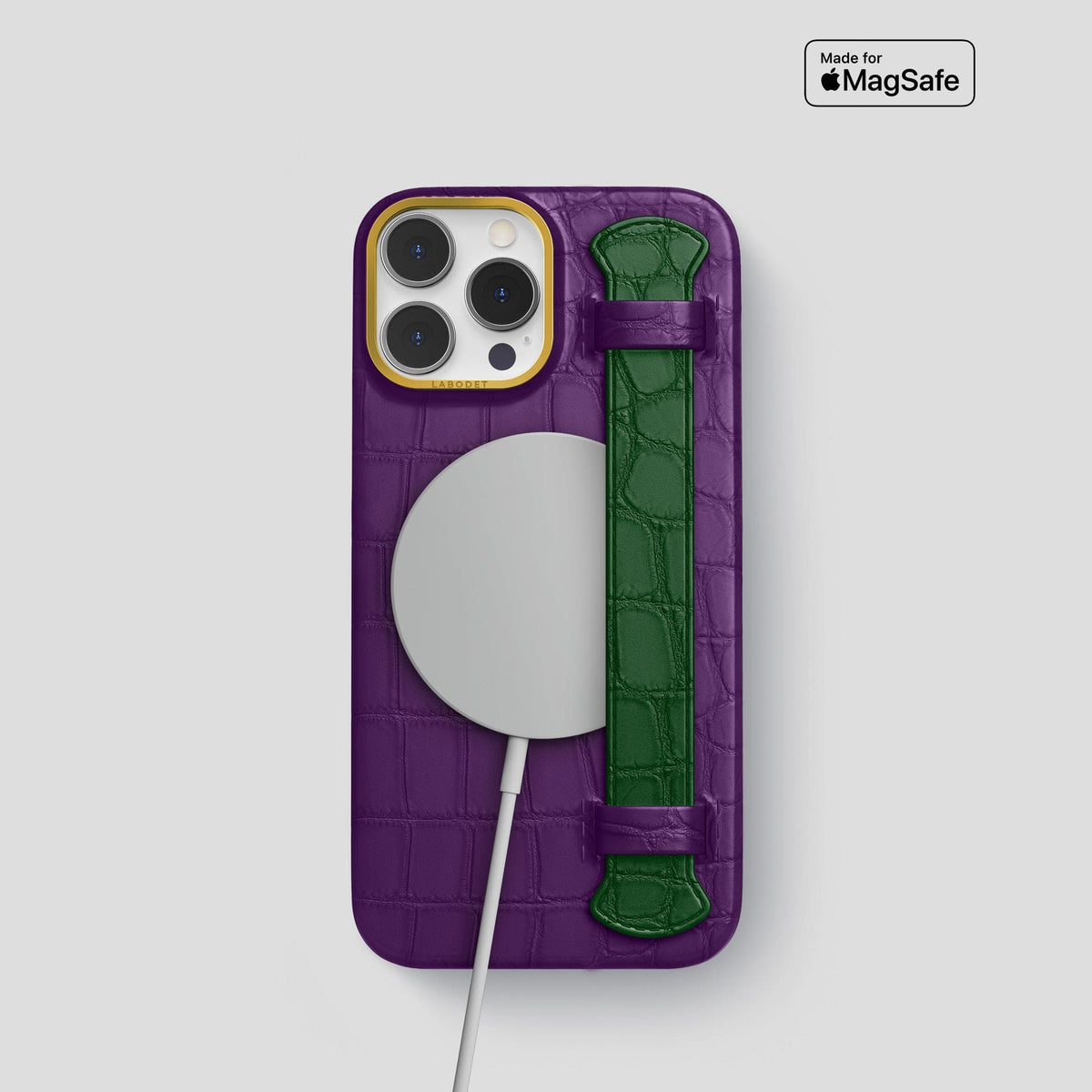 Purple-Forest-Green iPhone 14 Pro Strap Case Alligator with Gold Metal -4 | Purple-Forest-Green-Gold