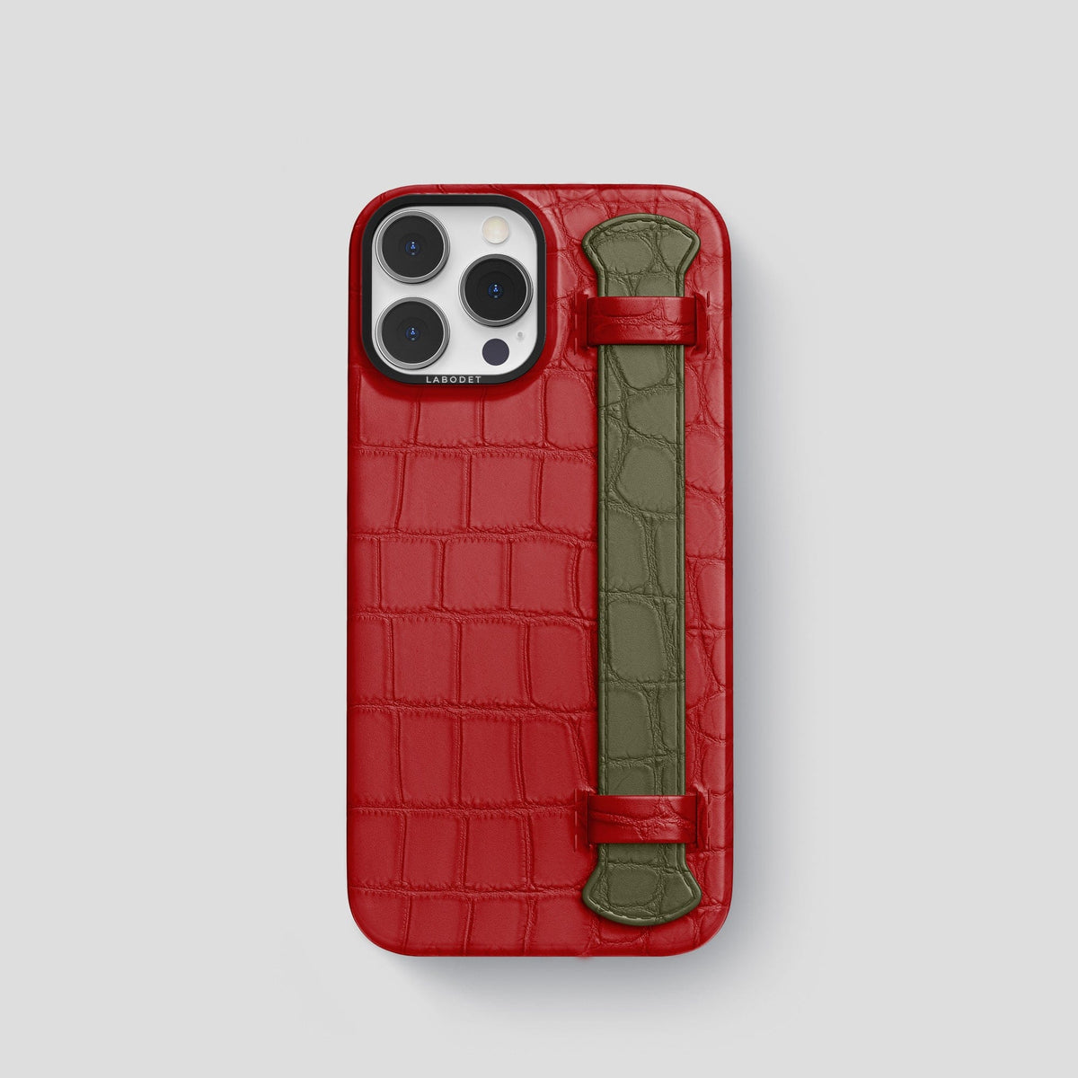 Red-Kaki-Green iPhone 15 Pro Strap Case Alligator with Black Metal -1 | Red-Kaki-Green-Black