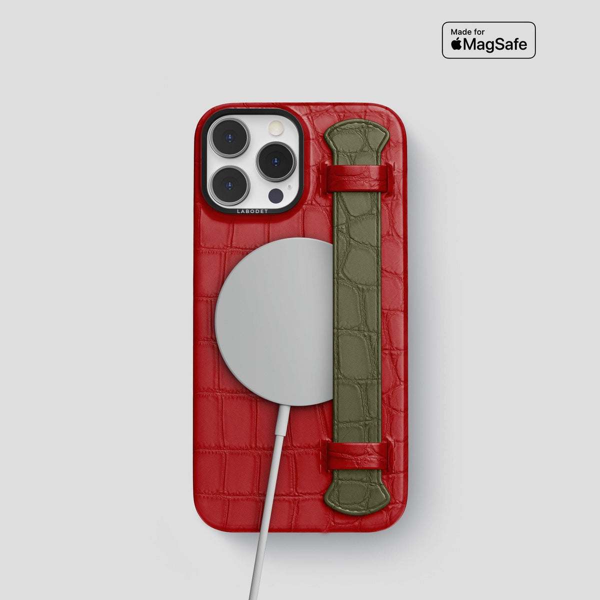 Red-Kaki-Green iPhone 15 Pro Strap Case Alligator with Black Metal -4 | Red-Kaki-Green-Black