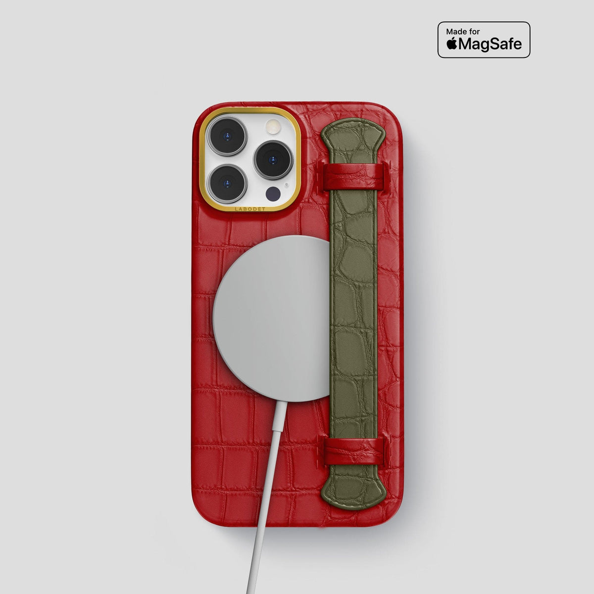 Red-Kaki-Green iPhone 14 Pro Strap Case Alligator with Gold Metal -4 | Red-Kaki-Green-Gold