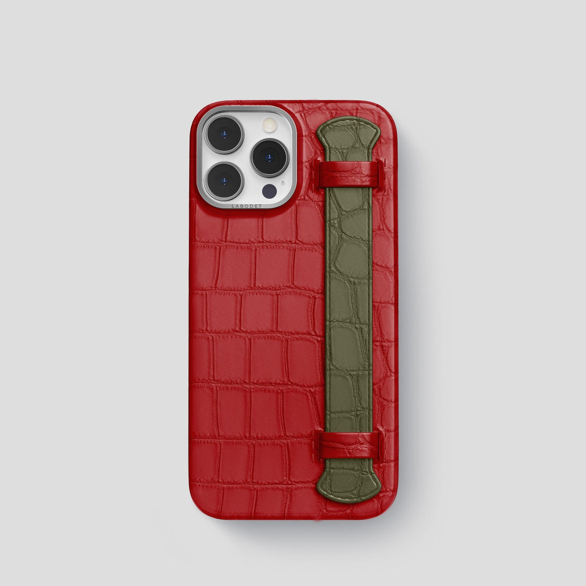 Red-Kaki-Green iPhone 15 Pro Strap Case Alligator with Steel Metal -1 | Red-Kaki-Green-Steel