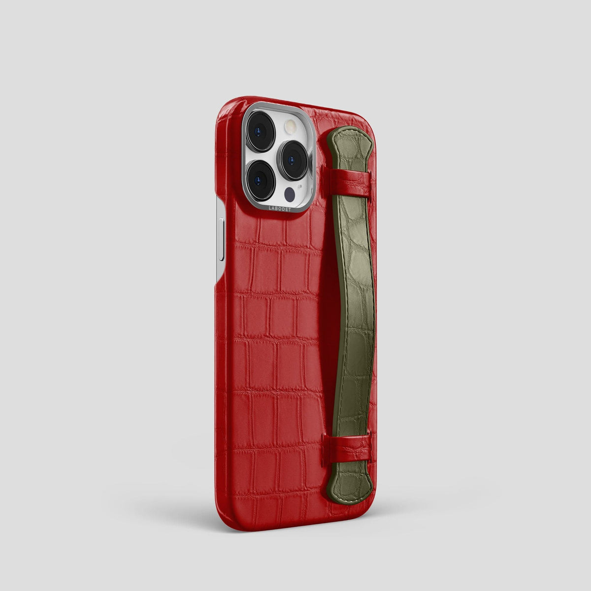 Red-Kaki-Green iPhone 14 Pro Strap Case Alligator with Steel Metal -2 | Red-Kaki-Green-Steel