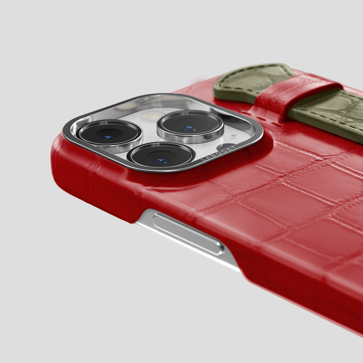 Red-Kaki-Green iPhone 14 Pro Strap Case Alligator with Steel Metal -5 | Red-Kaki-Green-Steel