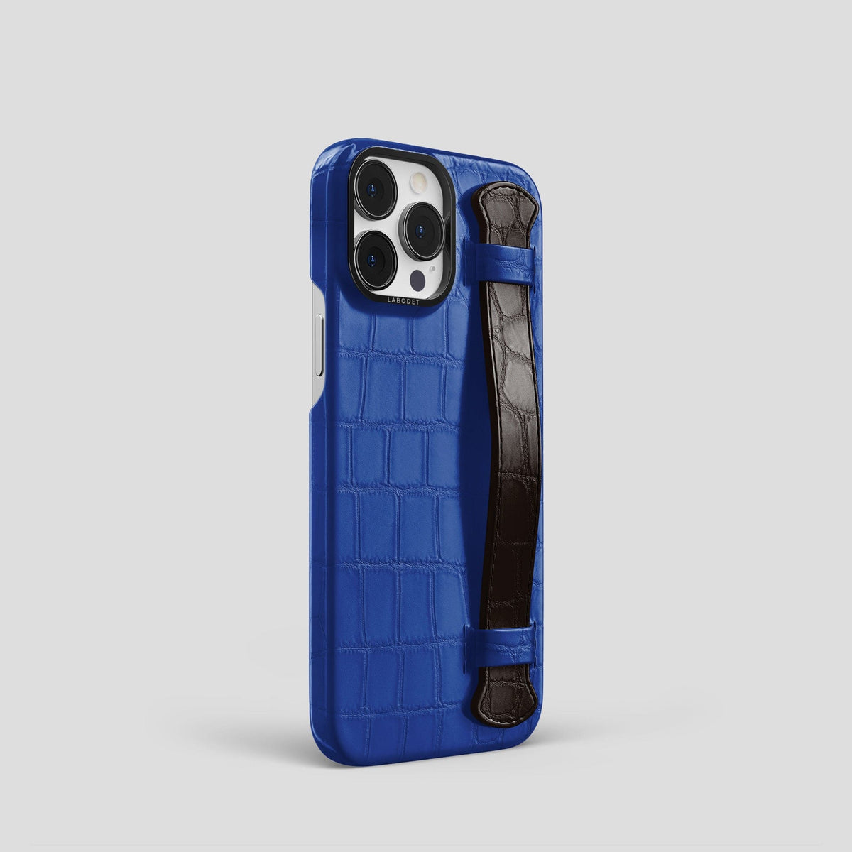 Royal-Blue-Dark-Brown iPhone 15 Pro Strap Case Alligator with Black Metal -2 | Royal-Blue-Dark-Brown-Black