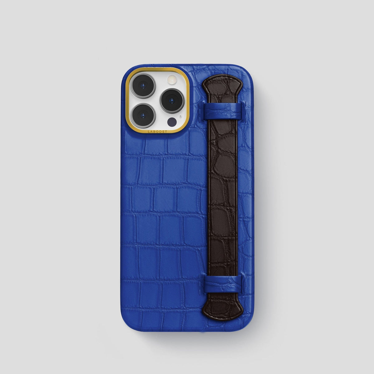 Royal-Blue-Dark-Brown iPhone 15 Pro Strap Case Alligator with Gold Metal -1 | Royal-Blue-Dark-Brown-Gold