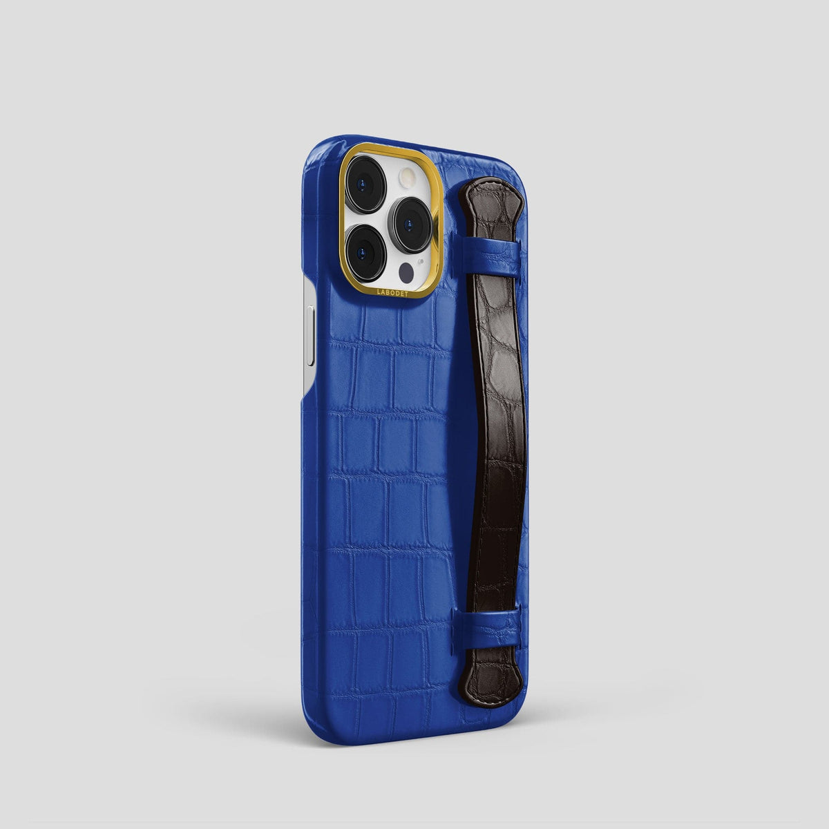 Royal-Blue-Dark-Brown iPhone 15 Pro Strap Case Alligator with Gold Metal -2 | Royal-Blue-Dark-Brown-Gold