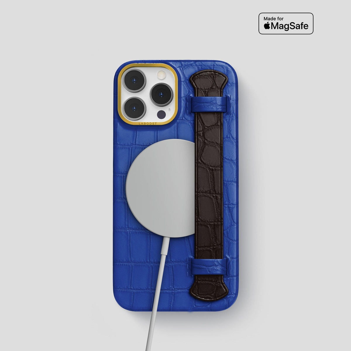 Royal-Blue-Dark-Brown iPhone 15 Pro Strap Case Alligator with Gold Metal -4 | Royal-Blue-Dark-Brown-Gold