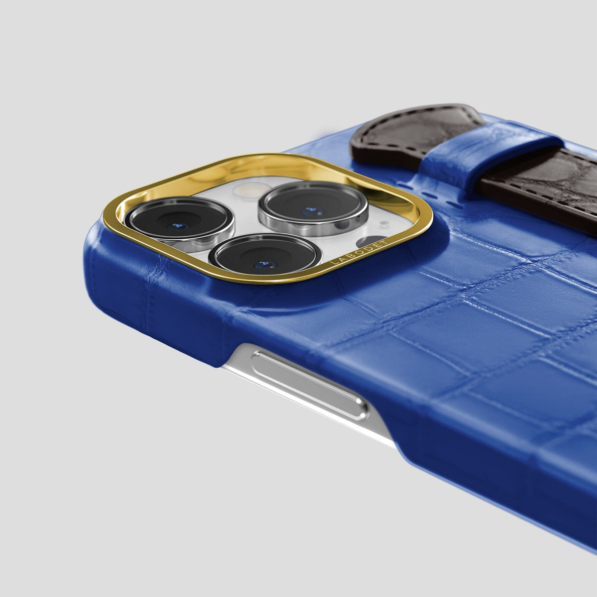 Royal-Blue-Dark-Brown iPhone 14 Pro Strap Case Alligator with Gold Metal -5 | Royal-Blue-Dark-Brown-Gold