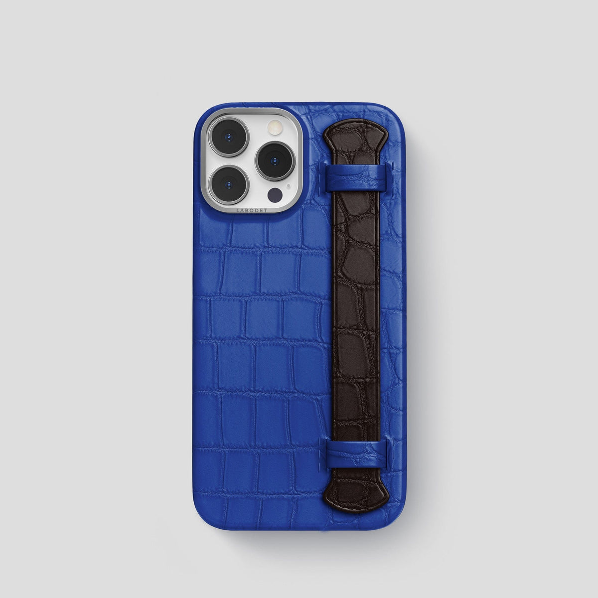 Royal-Blue-Dark-Brown iPhone 15 Pro Strap Case Alligator with Steel Metal -1 | Royal-Blue-Dark-Brown-Steel