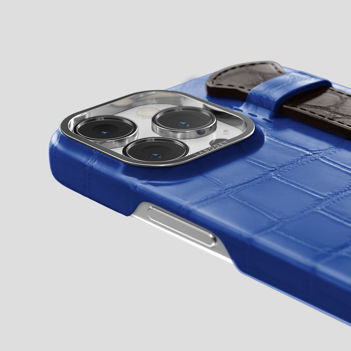 Royal-Blue-Dark-Brown iPhone 14 Pro Strap Case Alligator with Steel Metal -5 | Royal-Blue-Dark-Brown-Steel