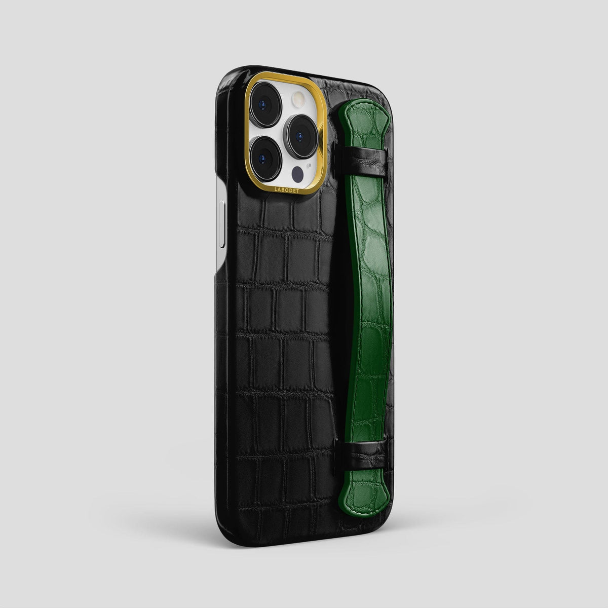 Black-Forest-Green iPhone 15 Pro Max Strap Case Alligator with Gold Metal -2 | Black-Forest-Green-Gold