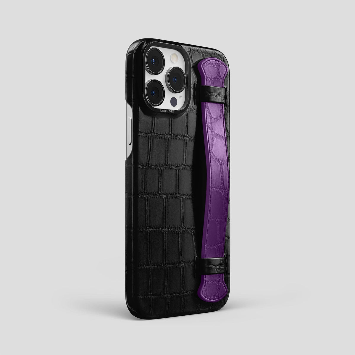 Black-Purple iPhone 15 Pro Max Strap Case Alligator with Black Metal -2 | Black-Purple-Black
