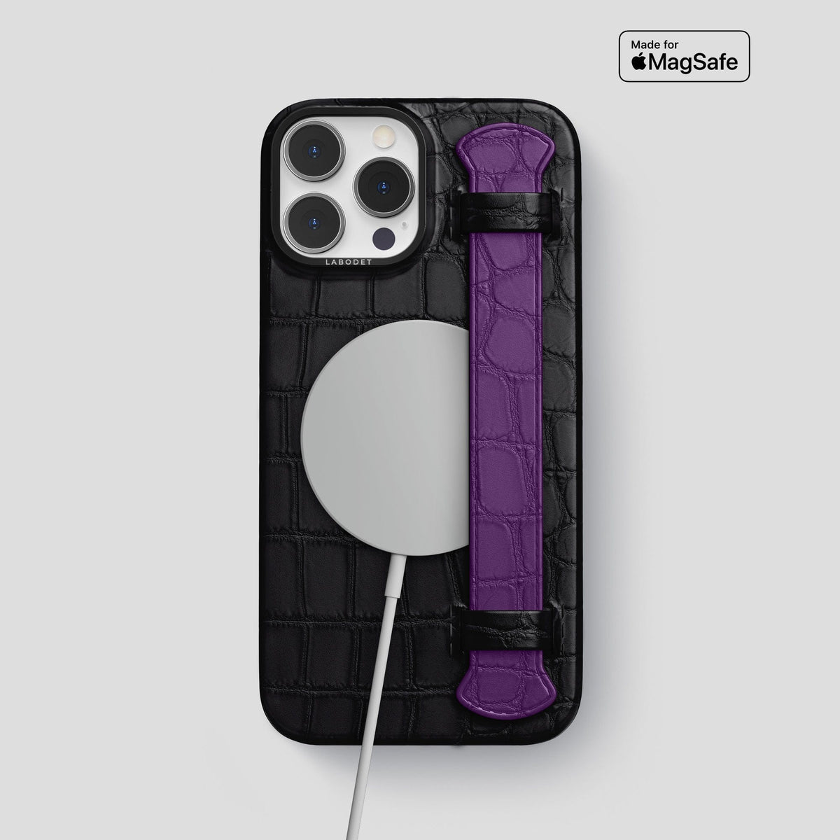 Black-Purple iPhone 15 Pro Max Strap Case Alligator with Black Metal -4 | Black-Purple-Black