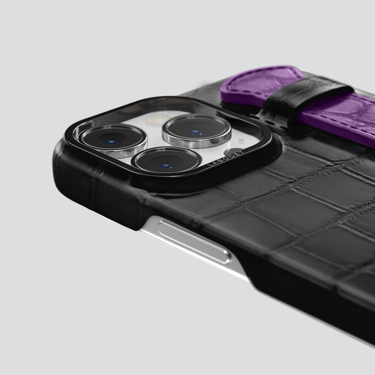 Black-Purple iPhone 15 Pro Max Strap Case Alligator with Black Metal -5 | Black-Purple-Black