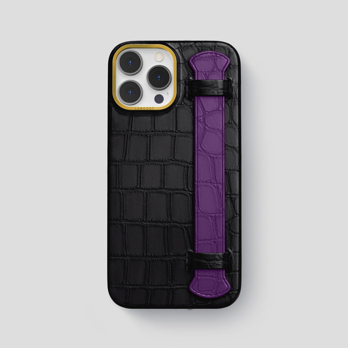 Black-Purple iPhone 15 Pro Max Strap Case Alligator with Gold Metal -1 | Black-Purple-Gold