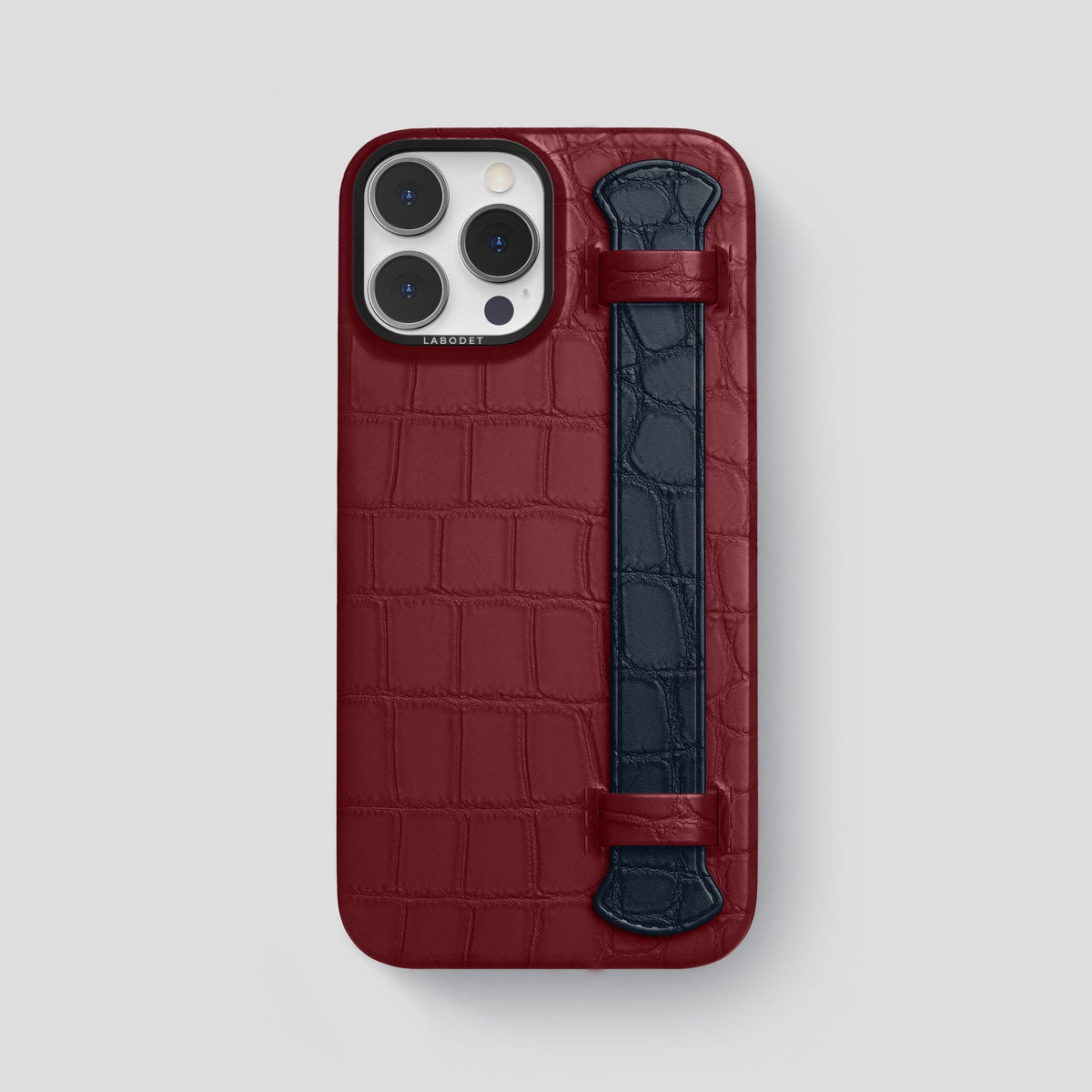 Burgundy-Navy-Blue iPhone 15 Pro Max Strap Case Alligator with Black Metal -1 | Burgundy-Navy-Blue-Black