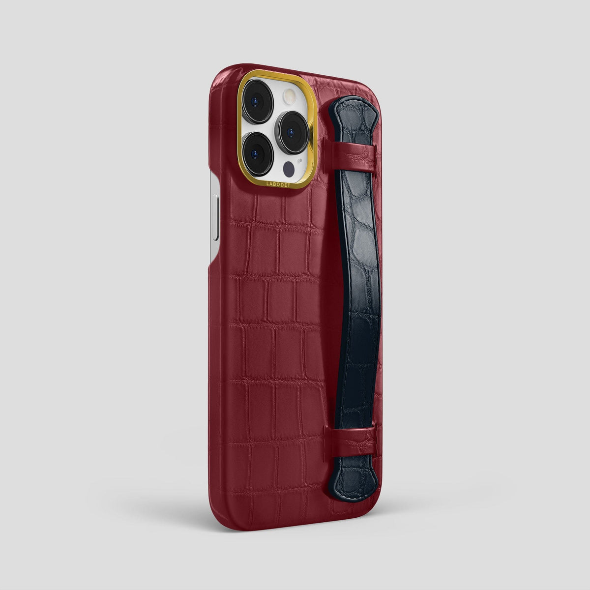 Burgundy-Navy-Blue iPhone 15 Pro Max Strap Case Alligator with Gold Metal -2 | Burgundy-Navy-Blue-Gold