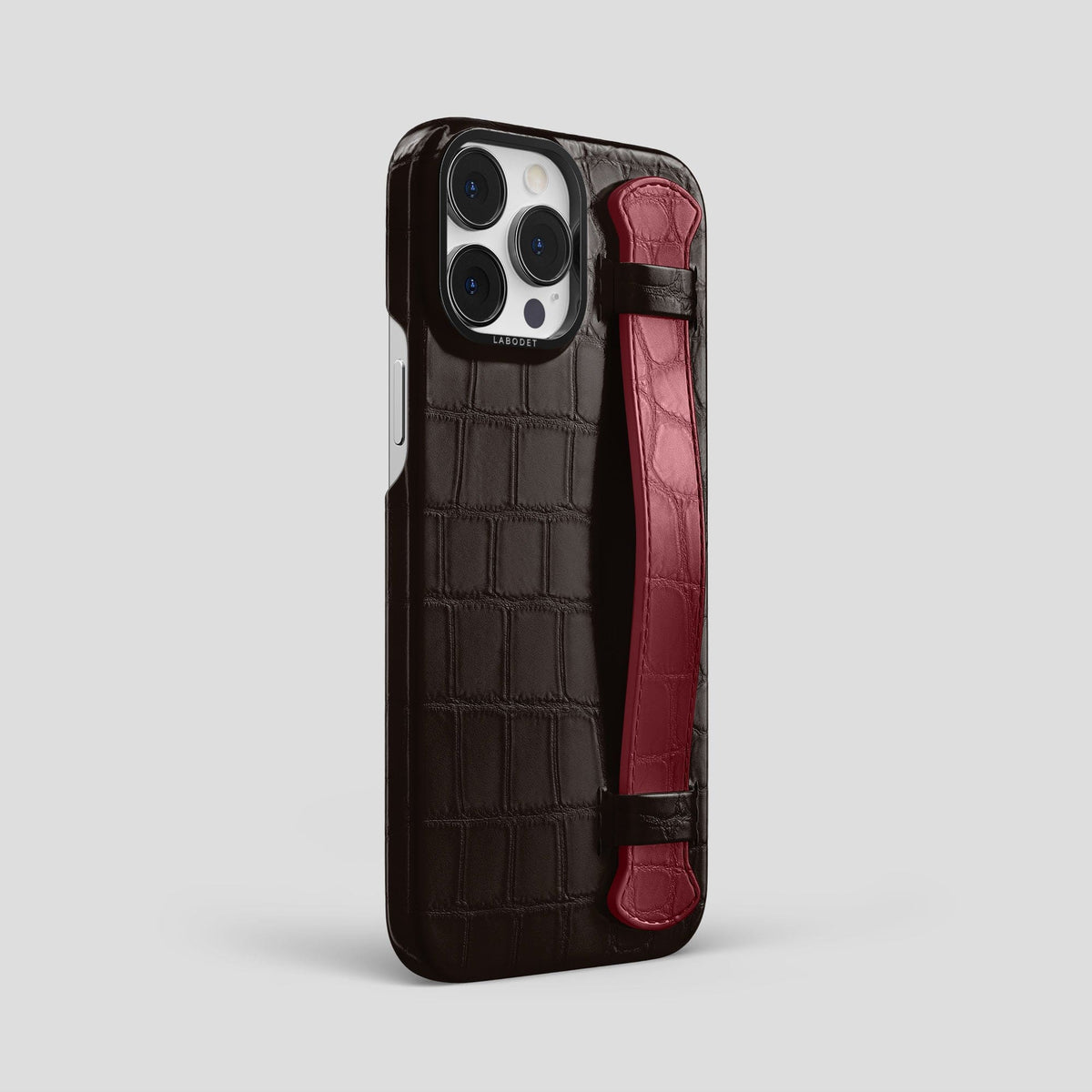 Dark-Brown-Burgundy iPhone 15 Pro Max Strap Case Alligator with Black Metal -2 | Dark-Brown-Burgundy-Black