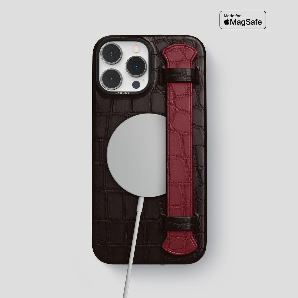 Dark-Brown-Burgundy iPhone 15 Pro Max Strap Case Alligator with Black Metal -4 | Dark-Brown-Burgundy-Black